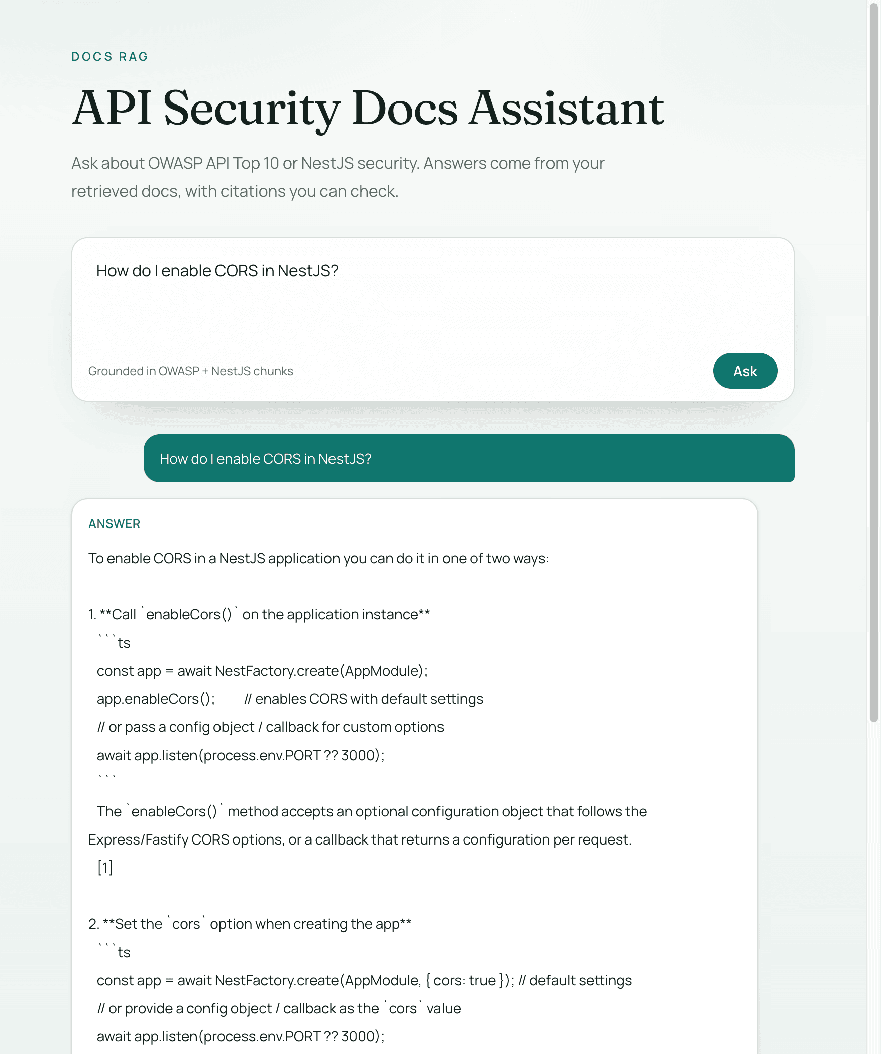 API Security Docs Assistant screenshot